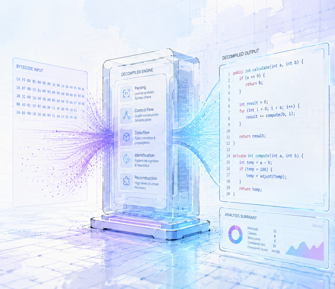 DecompileX turning raw bytecode into readable, structured source